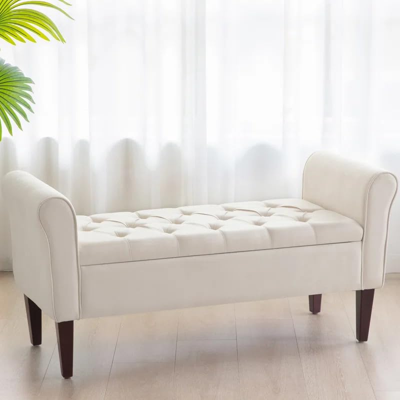 Image of LEGACY OF COMFORT V4 Velvet Upholstered Storage Bench Sofa Bench Sofa couches Rolled Arm Window Bench Ottoman Bench 2 Seater Sofa Lounger Pouffe for Living Room Bedroom Office (Beige)