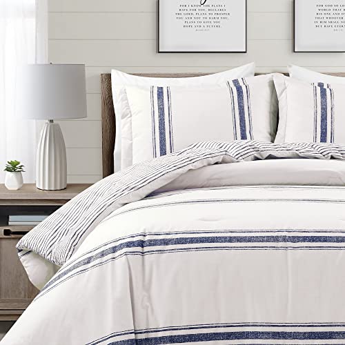 Juego de edredón matrimonial azul marino de 3 piezas con fundas de almohada de rayas 4