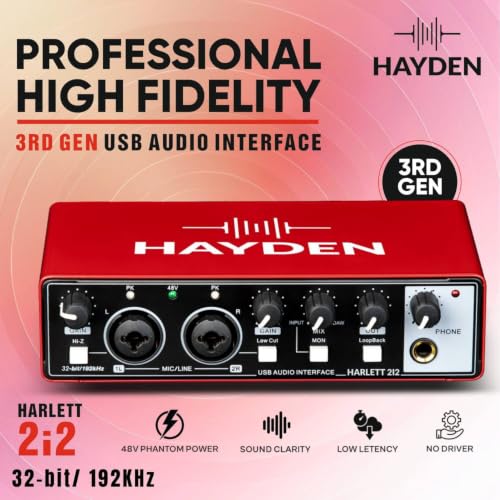 Image of HAYDEN HARLETT 2i2 3rd Gen USB Audio Interface, 2-In 2-Out Recording Sound Card, 32-Bit /192kHz, 48V Phantom Power, XLR /TRS Combo Inputs, Studio Audio for Guitar, Vocals, Podcast & Streaming