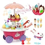 Ice Cream Toys Set 36pcs Kids Play House Pretend Play Kitchen Accessories with Large Storage Candy Cart with Role Play Food Rotatable Pretend Play with Music Early Educational Toy