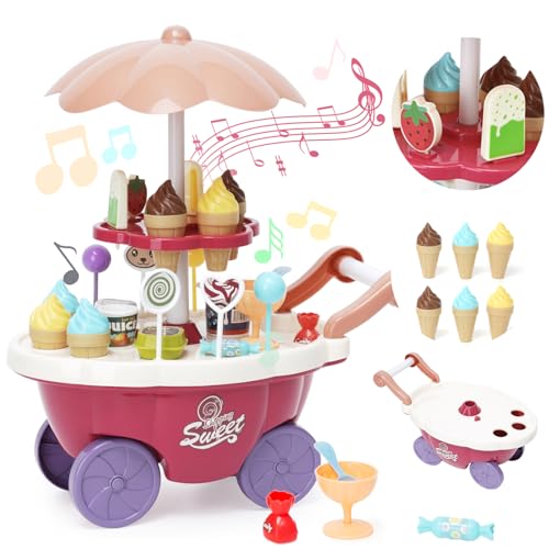 Ice Cream Toys Set 36pcs Kids Play House Pretend Play Kitchen Accessories with Large Storage Candy Cart with Role Play Food Rotatable Pretend Play with Music Early Educational Toy