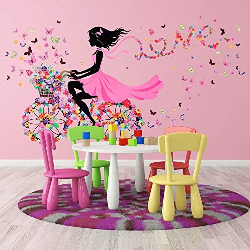 2 Sheets Flower Fairy Wall Murals Girl Wall Decals With Flowers And Butterflies Decorative Girl On Bicycle Wall Stickers For Girls Kids Bedroom Birthday Party Favor #TOP2