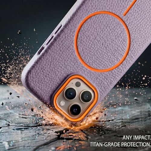 Image of amazon basics Luxury MagSafe Compatible Leather Texture Back Cover for iPhone 13 Pro | Raised Camera Protection | Slim Fit Shockproof Case with Metallic Accents (Purple)