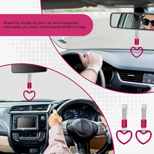Image of 2PCS Heart Shaped Car Handle Straps, Rear Bumper Warning Keychain Ring for Car Exterior Accessories (Hot Pink-Silver)