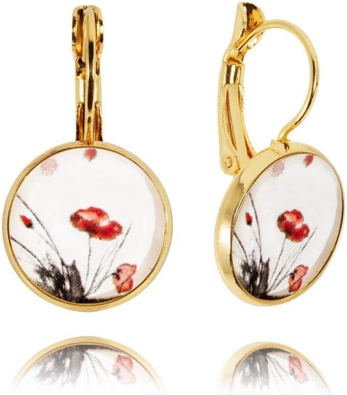 Classic Shape White Earrings with Red Poppy Gold Plate for Daughter for Anniversary