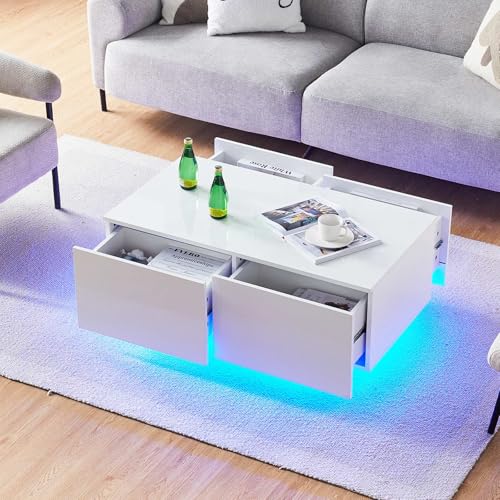 CLIPOP Hochglanz Couchtisch weiß mit LED, Wohnzimmertisch mit 4 Schubladen, einstellbaren Lichtfarben, Mitteltisch mit Stauräume, Moderner Sofatisch, Teetisch für Wohnzimmer, 100x55x40cm