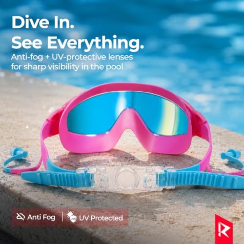 Image of ROVARS Swimming Goggles for Kids with Nose & Ear Plugs, Leakproff Full Frame with Adjustable Strap, Anti Fog and UV Protection for Boys & Girls (2100 Pink, Above 6 Years)