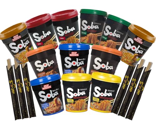 MiFan Ramen Box – 12 Cup Soba Japoneses | 6 Sabores + 6 Palillos | Fideos Yakisoba Instantáneos