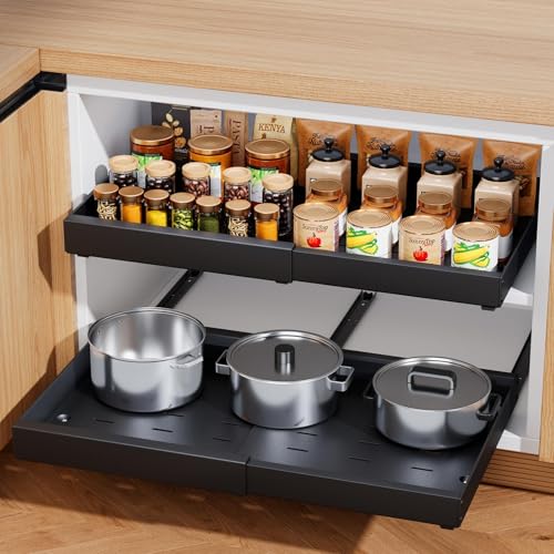 Pull Out Cabinet Organizer, 21" Deep, Expandable(12.6"-21.3"), Slide Out Drawers for Cabinets with Adhesive, Adjustable Roll Out Shelves for Kitchen Pantry (Black-2 Pack, 21"D x 12.6"W x 2.76"H)