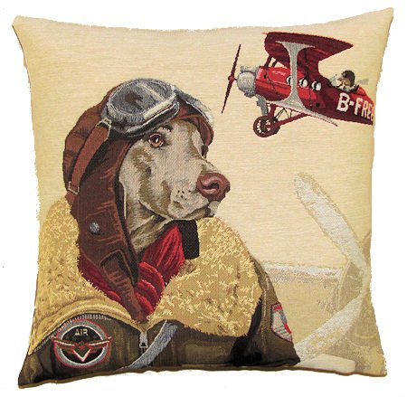 Luana Keale Authentic Jacquard Cotton Woven European Tapestry Pillow Covers Shams/Home Decor Gifts Cushion Cases Cover Protector 18X18 inches Vintage Dog Pilot Weimaraner and Classic Red Plane