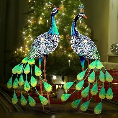 Kircust Solar Metal Peacock Statues - Set of 2 Weatherproof Outdoor Decor with Solar Lights for Garden, Yard, or Patio - Elegant Peacock Gifts