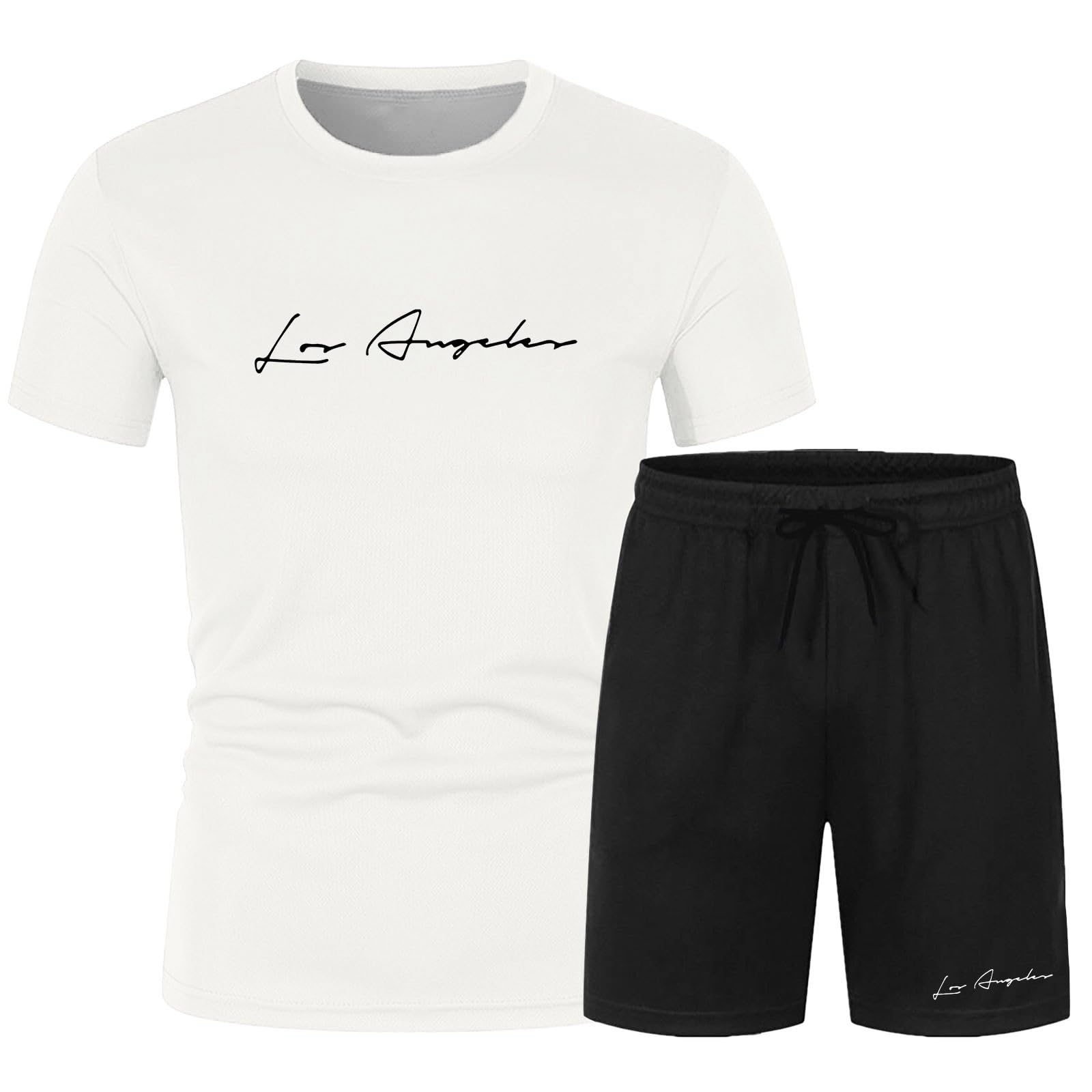 Generico Due Pezzi Tuta Uomo Estiva LOS ANGELES Firmate Completo Girocollo Camicia e Pantaloni Corti Coordinato Set di Sportivo Moda Casual Comoda Tute Per Jogging Palestra Vacanza