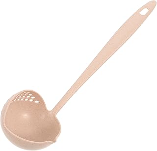 HANABASS 2-in-1 Silicone Soup Ladle with Strainer - Heat-Resistant Cooking Spoon for Separating Liquids/Solids, Beige Kitchenware (Plastic Handle, Pan Filter Tool)