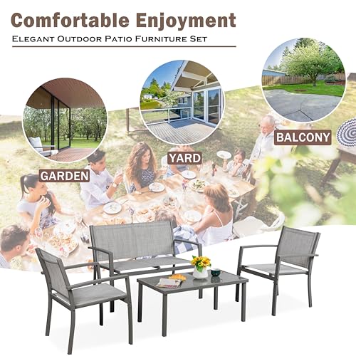 Image of Vongrasig 4 Pieces Patio Furniture Sets,Outdoor Patio Conversation Sets with Glass Coffee Table, Small Porch Balcony Furniture, Patio Table and Chairs Set for Garden, Backyard (Silver)