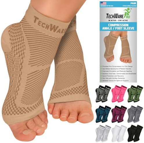TechWare Pro Ankle Brace Compression Sleeve - Relieves Achilles Tendonitis, Joint Pain. Plantar Fasciitis Foot Sock with Arch Support Reduces Swelling & Heel Spur Pain. (Beige, L/XL)