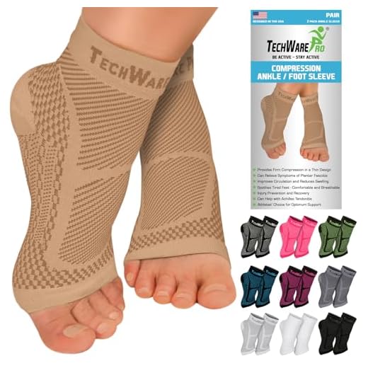 TechWare Pro Ankle Brace Compression Sleeve - Relieves Achilles Tendonitis, Joint Pain. Plantar Fasciitis Foot Sock with Arch Support Reduces Swelling & Heel Spur Pain. (Beige, S/M)