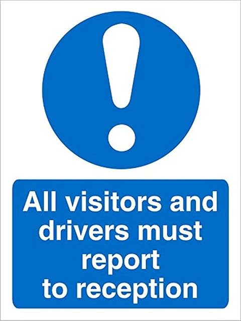 Seco All Visitors and Drivers Must Report to Reception Sign, 200mm x 300mm - 1mm Semi Rigid Plastic, blue