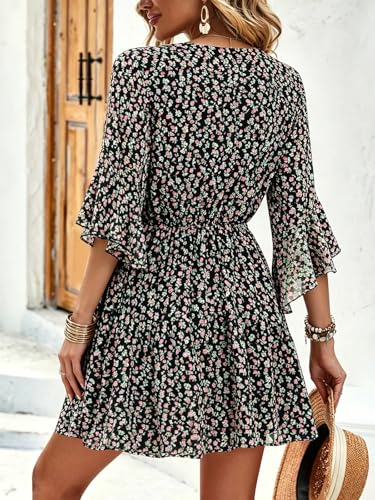 Image of Womens Spring Summer Mini Dress Western Ruffled Sleeve Chiffon V Neck Flowy A Line Short Wedding Guest Party Dresses
