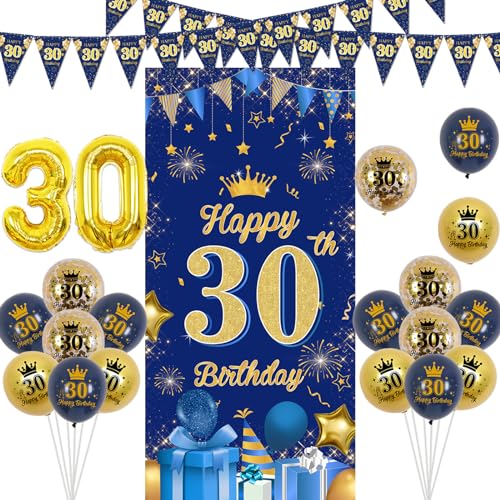 30th Birthday Decorations Navy and Gold, Happy 30th Birthday Backdrop 30th Birthday Bunting Flags Triangle Door Banners Blue Gold 30 Confetti Foil Balloon for Men Women Him Her 50 Year Old Birthday