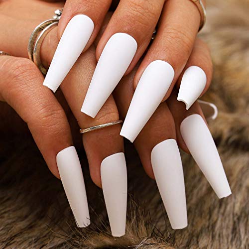 Outyua Matte White Press On Nails Coffin Long Fake Nails Solid Acrylic False Nails With Designs Cute Full Cover Nails 24Pcs (White) #TOP4