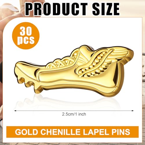 Liliaafar 30 Pcs Gold Chenille Lapel Pins - 1 Inch Bulk Track and Field Award Lapel Pins with Wing & Track Shoe for Team Player Sports, Student Academics Rewards, Sports Party Gifts