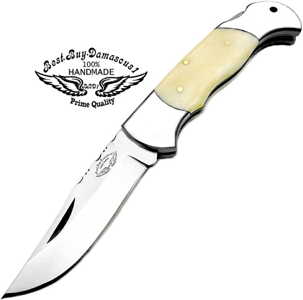 Best.Buy.Damascus1 Pocket knife 420C Stainless Steel 7.5" Camel Bone Handmade Custom Hunting Folding Pocket Knife 100% Prime Quality
