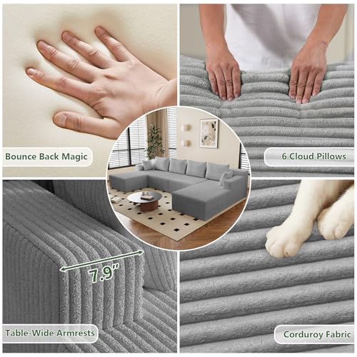 Image of 142 inch Cloud Sectional Boneless Couches for Living Room, Modular U Shaped Couch with 2 Chaise, Modern Comfy Deep Seat Corduroy Memory Foam Compressed Sofa for Apartment, Light Grey