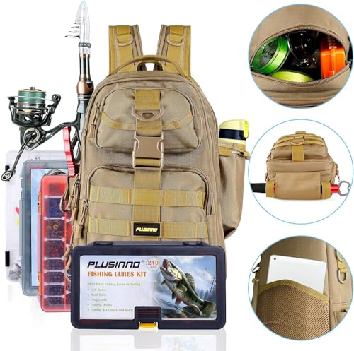 Image of PLUSINNO Fishing Backpack Tackle Bag, Water-Resistant Backpack with Rod Holder, Ideal Gifts for Men