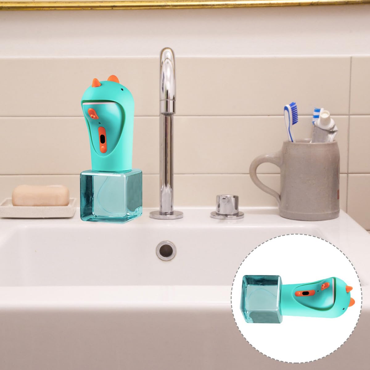 Veemoon Automatischer Seifenspender mit Dinosaurier Motiv Berührungslos aus Silikon und Abs Glatte Oberfläche für Badezimmer und Kinder