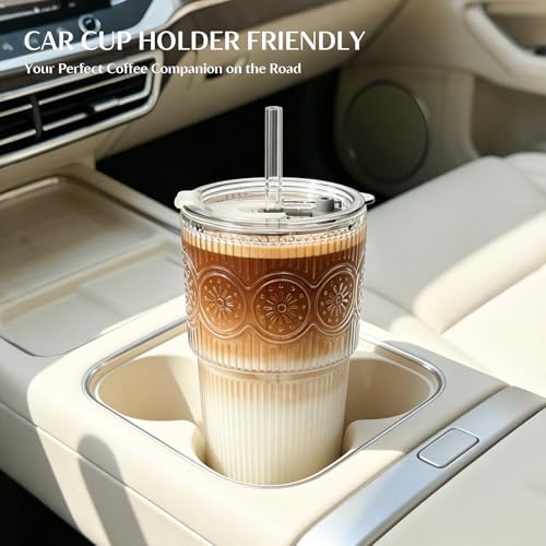 Image of INSETLAN 20 oz Ribbed & Floral Glass Tumbler with Straw, Set of 6 Cups | Iced Coffee Cups with Lids, Reusable Drinking Glasses for Water, Smoothies, Tea, and Juice - Ideal for Travel & Daily Use