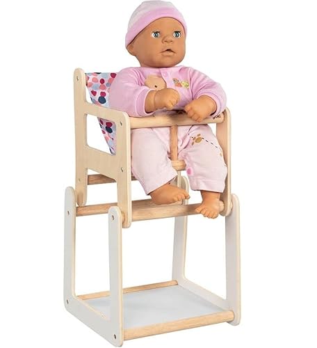 goki 51483 - Hochstuhl als Zubehör für Puppen mit Tisch - im modernen farbenfrohen Design - 2 in 1 Funktion - Puppenmöbel aus Holz und Stoff