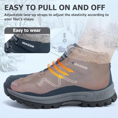 Image of Moodeng Mens Winter Snow Boots Water-Resistant Outdoor Hiking Shoes Anti-Slip Snow Boots Warm Fur Lined Fashion Sneaker Blue Size 9.5