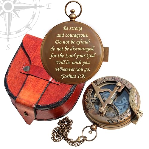 Be Strong and Courageous Engraved Sundial Compass, Confirmation Gift Ideas, Baptism Gift for Boys, Inspirational Gift for Men -Engraved 1:9 Sundial Compass Camping Compass