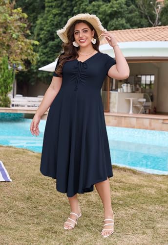 Image of Keluummi Plus Size Maxi Dress for Women V-Neck Short Sleeve with Pockets