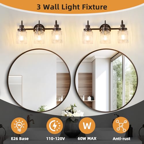 Image of 3 Lights Hammered Glass Bathroom Vanity Light, Oil Rubbed Bronze | Easy Installation,Up or Down,Farmhouse Modern Style,E26 Socket,ETL Certification
