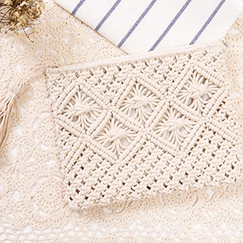 Magibag Crochet Tassel Handbag Straw Envelope Clutch Bag Cotton Macrame Purse Hobo Hand-Woven Beach Wristlet Bag With Zipper (01-White) #TOP4