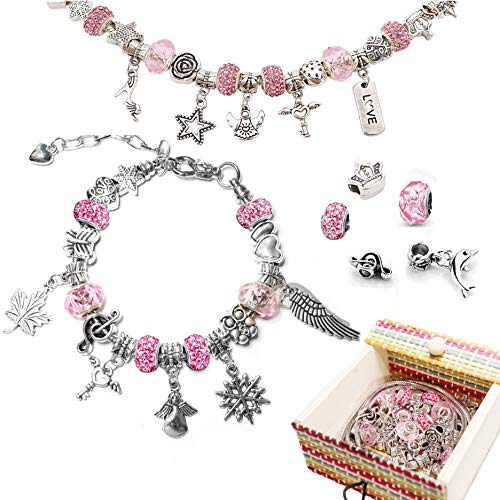Miya Charm Armband DIY Set mit 3 Silber Kette - Schmuck basteln Set Mädchen Perle Armband Tolles Geschenk für Mädchen ideal für Adventskalender zum befüllen