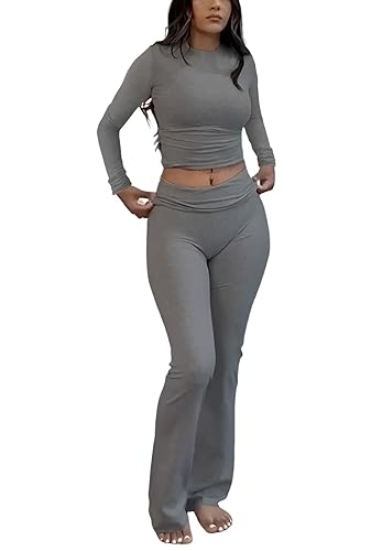 ZFLM Casual Workout Two Piece Outfits Long Sleeve High Waist Fold-over Flare Flared Leggings Pants Tracksuit Sets Streetwear