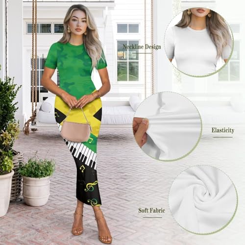 Image of Womens Short Sleeve Jamaican Flag Midi Bodycon Dress
