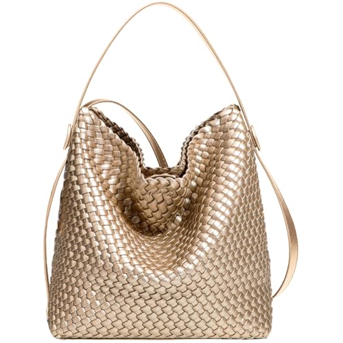 Image of Large Woven Tote Bag Vegan Leather Shoulder Bag for Women Fashion Travel Shopper Bag Top Handle Handbag and Purse