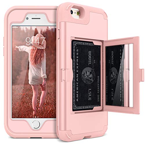 WeLoveCase iPhone 6 Plus / 6s Plus Wallet Case Defender Wallet Case with Hidden Back Mirror and Card Holder Heavy Duty Protection Shockproof Armor Protective Case for iPhone 6S Plus - Rose Gold