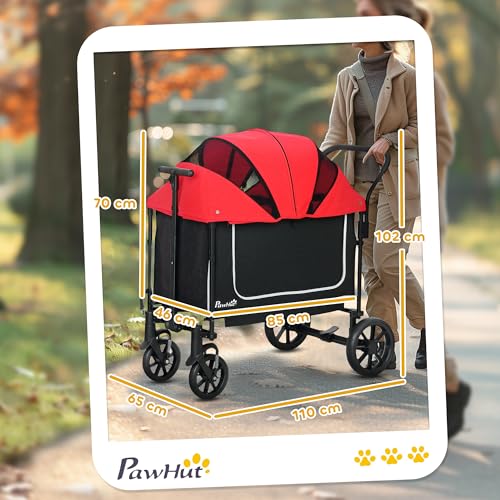 PawHut 2 in 1 Hundewagen Hundebuggy klappbar für Hunde & Katzen bis 30 kg Bollerwagen mit Kissen Netzfenstern 2 Türen Aufbewahrungstasche Katzenwagen Buggy Rot