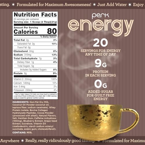 Image of Perk Energy Drink Mix (Dark Chocolate Salted Caramel Pretzel) 20 Servings | Caffeinated Healthy Coffee Alternative with Protein, 100mg of Caffeine, Gluten-Free, Soy-Free, Peanut-Free