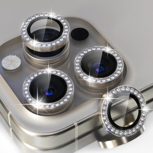 Image of Choiche Compatible for iPhone 15 Pro /iPhone 15 Pro Max Camera Lens Protector Bling, 9H Tempered Glass Camera Cover Screen Protector Metal Ring Decoration Accessories (Diamond-Titanium Natural)