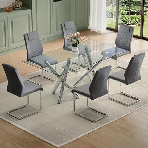 NYEESS Glass Dining Table Set for 6,71” Dining Room Table Set for 6,Large Rectangular Tempered Glass Table and 6 PU Leather Chairs, with Silver Chrome Legs for Dining Room Kitchen Cover