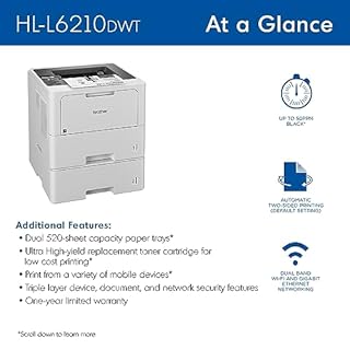 Brother HL-L6210DWT Business Monochrome Laser Printer with Dual Paper Trays, Wireless Networking, Works with Alexa, White