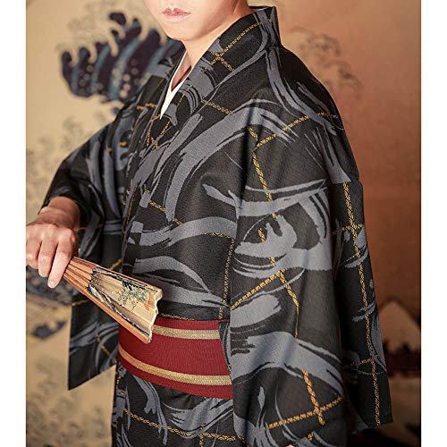 Men's Japanese Traditional Kimono Robe Long Sleeve Spa Bathrobe Easy Wearing Yukata Sleepwear Nightgown Unisex OBI Belt Set (One Size, 814# Black)3