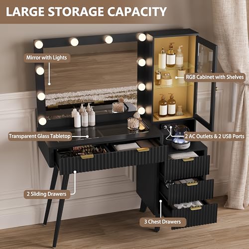 Image of Makeup Vanity Desk with Mirror and Lights, 45 inch Fluted Wood Vanity Desk with Glass Top, 5 Drawers & RGB Glass Cabinet, Power Outlet, Mid Century Modern Dressing Table Set for Women Girls Bedroom