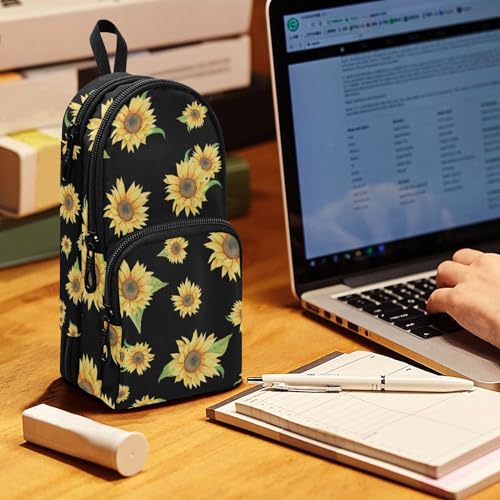 Image of ZAZYXTJ Sunflower Standing Large Capacity Pencil Case 3 Compartment Pen Pouch Storage Makeup Bag for School Office Teen Girl Boy Men Women