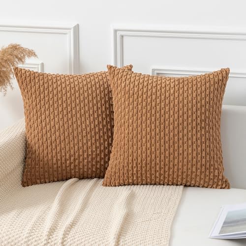 Kevin Textile Throw Pillow Covers Soft Corduroy Decorative Set of 2 Boho Striped Pillow Covers Pillowcases Farmhouse Home Decor for Couch Bed Sofa Living Room 16x16 Inch Khaki